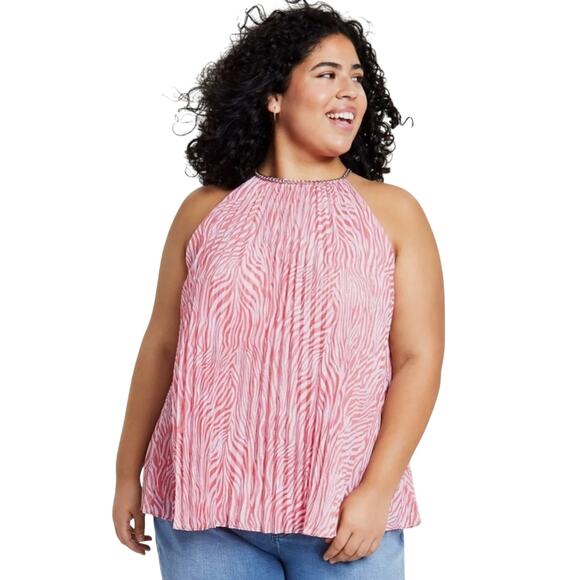 Michael Kors Zebra Pleated Chain Pink and White Halter Neck Top Size 2X - Picture 1 of 6